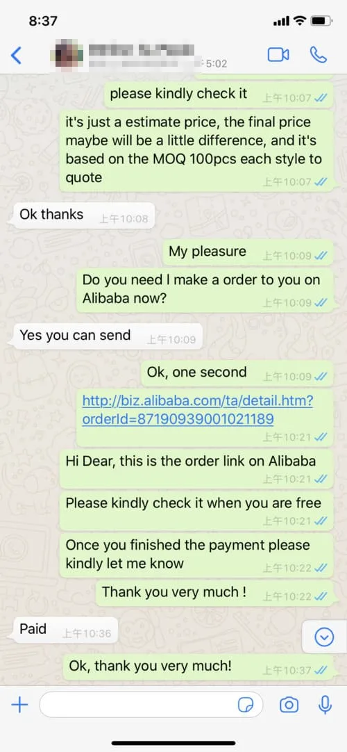 A screenshot of a WhatsApp chat showing a conversation about ordering products on Alibaba. The chat includes a discussion of pricing, sending a link, and confirming payment.
