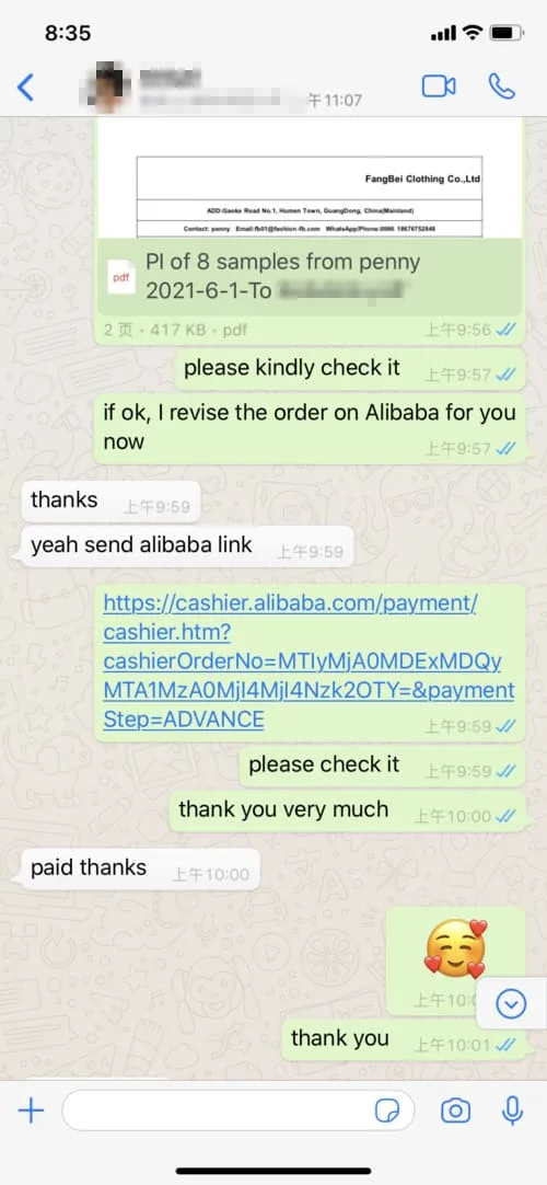 A chat screenshot shows a conversation on a messaging app. The conversation includes a file preview and discusses ordering samples via Alibaba. A payment link is shared, followed by messages confirming the payment and expressions of gratitude, ending with a smiley emoji.