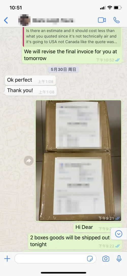 A smartphone screenshot shows a chat about shipping details on a messaging app. The conversation mentions revising a final invoice. Below is a photo of two sealed cardboard boxes. The text next to the boxes states they will be shipped out tonight.