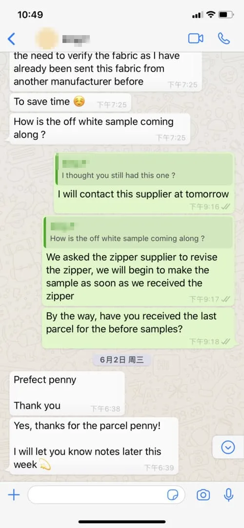 A screenshot of a text conversation discussing fabric samples and zipper revisions with mentions of parcels and updates. Messages include emojis and timestamps.