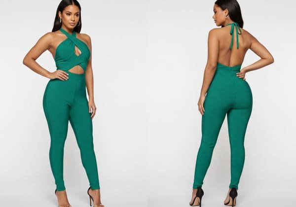 A form-fitting, backless green bandage jumpsuit with a halter neckline
