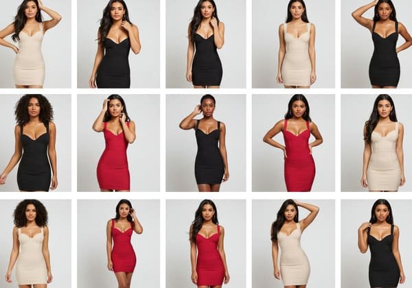 A grid of user-generated content photos featuring bandage dresses