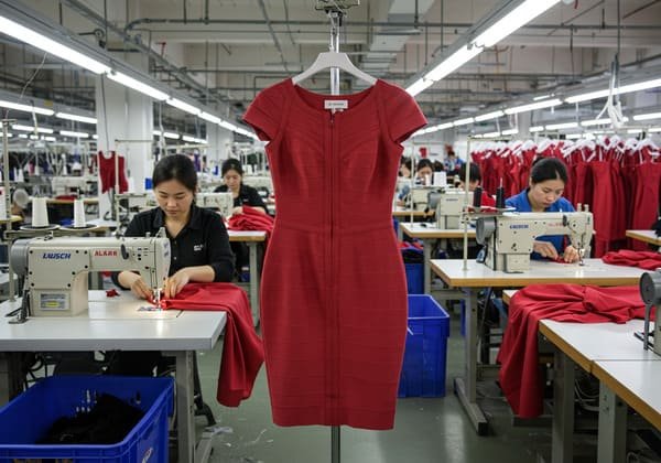 Interior of a bustling bandage dress factory in China