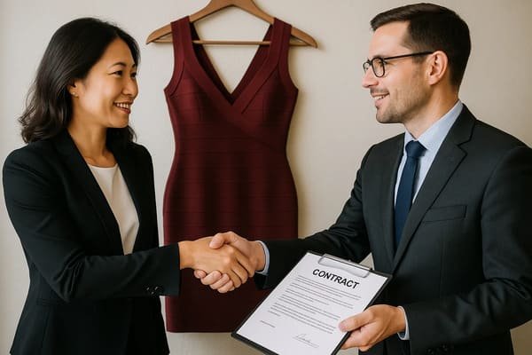 Bandage Dress Supplier Agreement Two business professionals shaking hands over a contract for bandage dresses