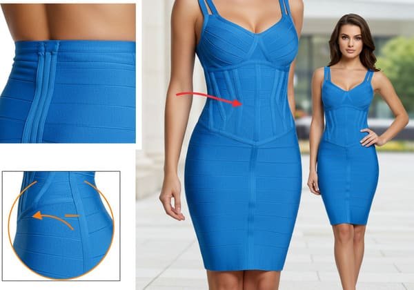 Unique Bandage Dress Construction Details for Wholesalers Blue bandage dress highlighting support features