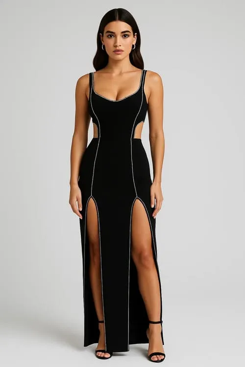 Black bandage dress with side cut-outs and thigh-high slits