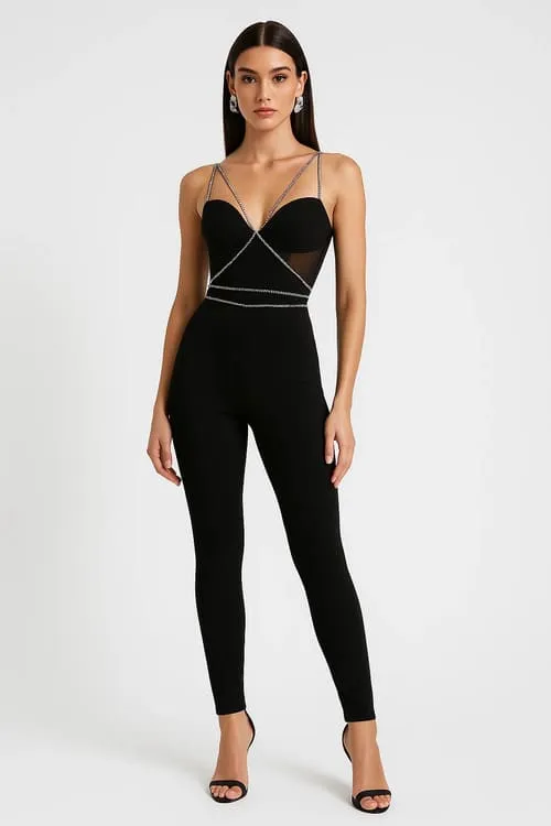 Black bandage jumpsuit with mesh panels and silver chain detailing