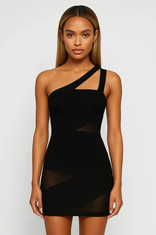 Black bandage dress with one shoulder strap and mesh panel details