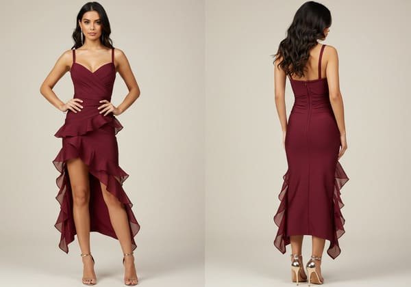 Mesh Ruffle Asymmetrical Slit Evening Burgundy Bandage Dress
