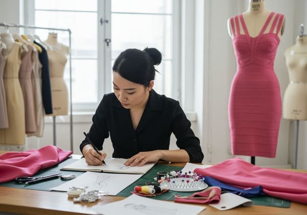 A designer sketching a bandage dress in a fashion studio