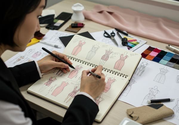 designer sketching new custom bandage dress designs