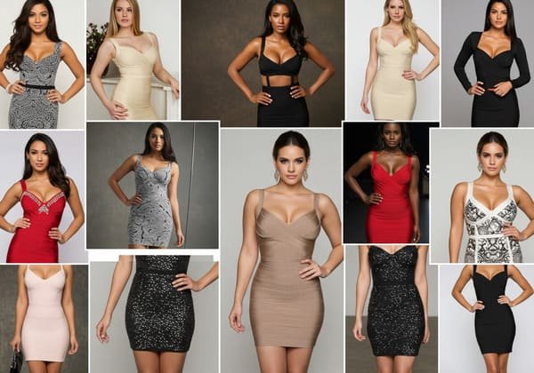 a collage of user-generated content featuring customers in custom bandage dresses