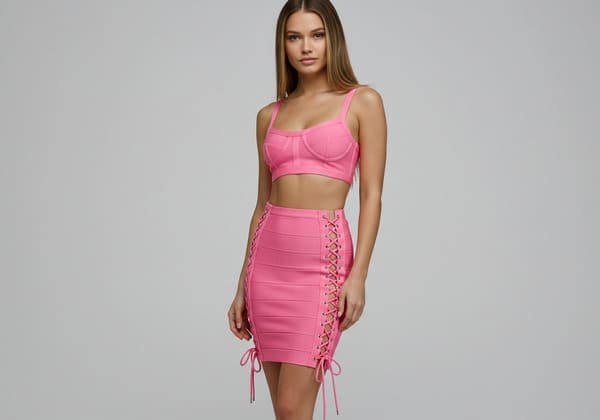 fashionable pink bandage skirt set with lace-up sides
