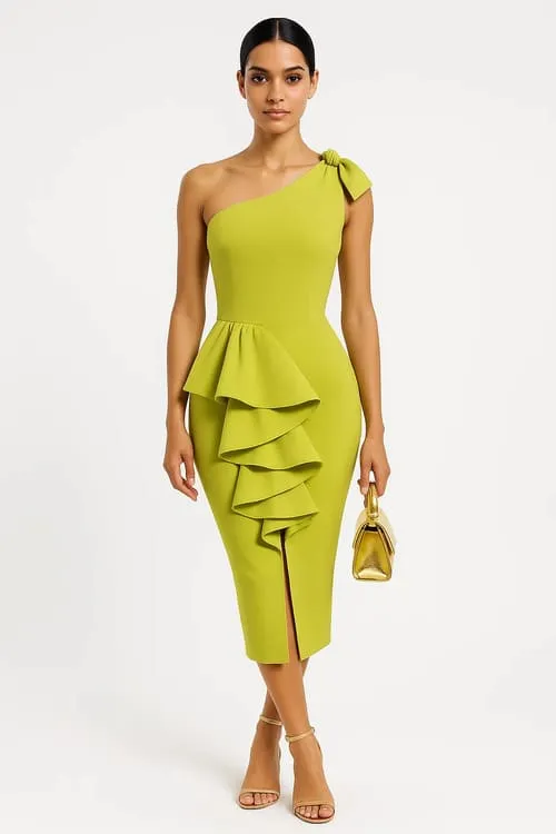 Green one-shoulder bandage dress with ruffled detail and slit
