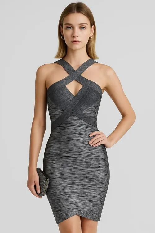 Grey bandage dress with crisscross neckline and bodycon fit