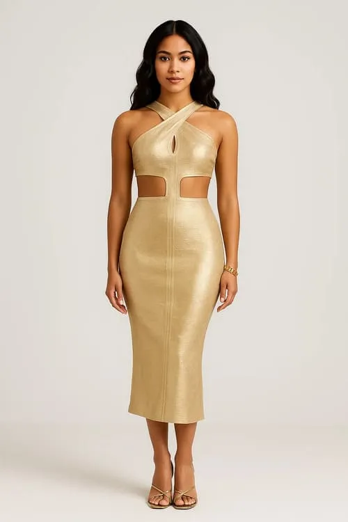 A model in a gold hot stamping bandage dress with cutouts