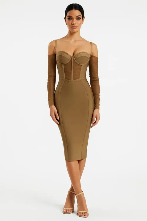 A model in a brown bandage dress with mesh sleeves