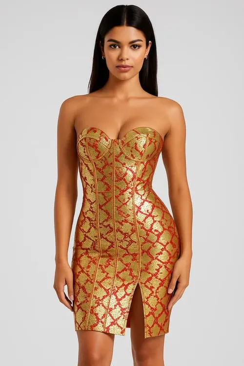 Printing bandage dress with a slit