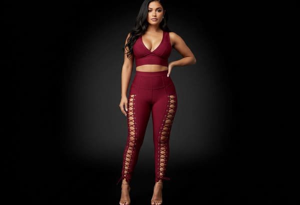 red lace-up private label bandage pants set