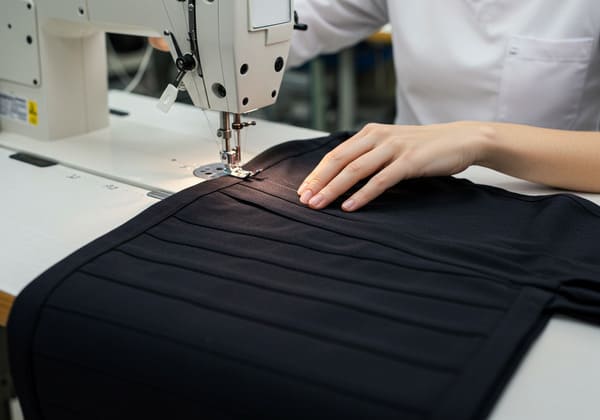 Sewing black bandage dress in China factory, close-up of skilled hands