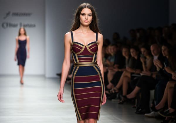 A trending patchwork bandage dress featuring bold color-blocking and sleek, structured design, perfect for fashion-forward occasions and runway looks.
