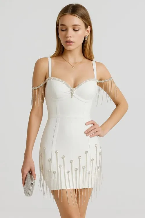 White bandage dress with pearl fringe details on the neckline