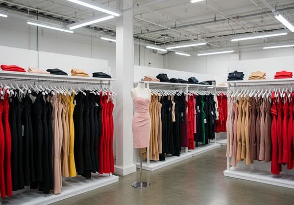 A warehouse filled with ready-to-ship bandage dresses for wholesale